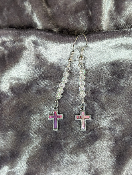Iridescent Pink Cross Earrings image 1
