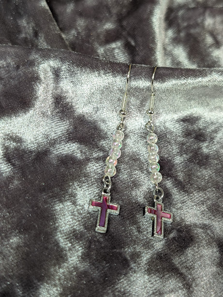 Iridescent Pink Cross Earrings image 3